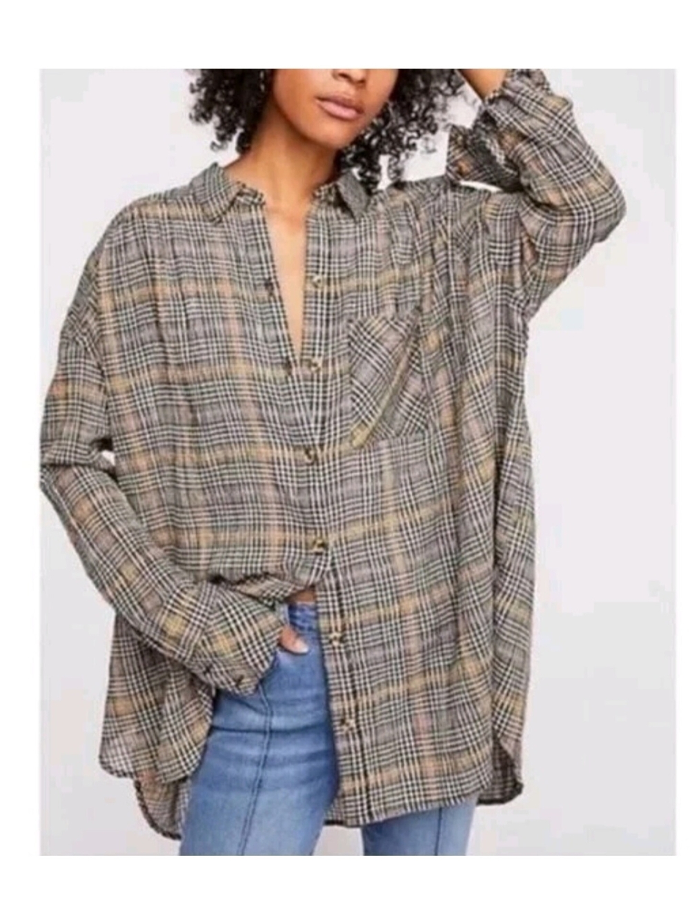 Free People Plaid Button Down Top Boho Small